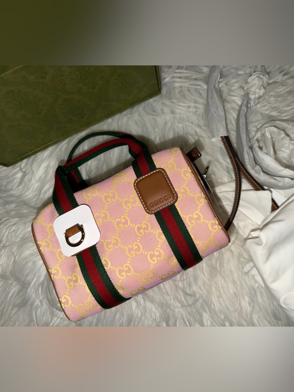 Gucci GG Pink Mini Boston Bag with Red and Green Web Straps NWT